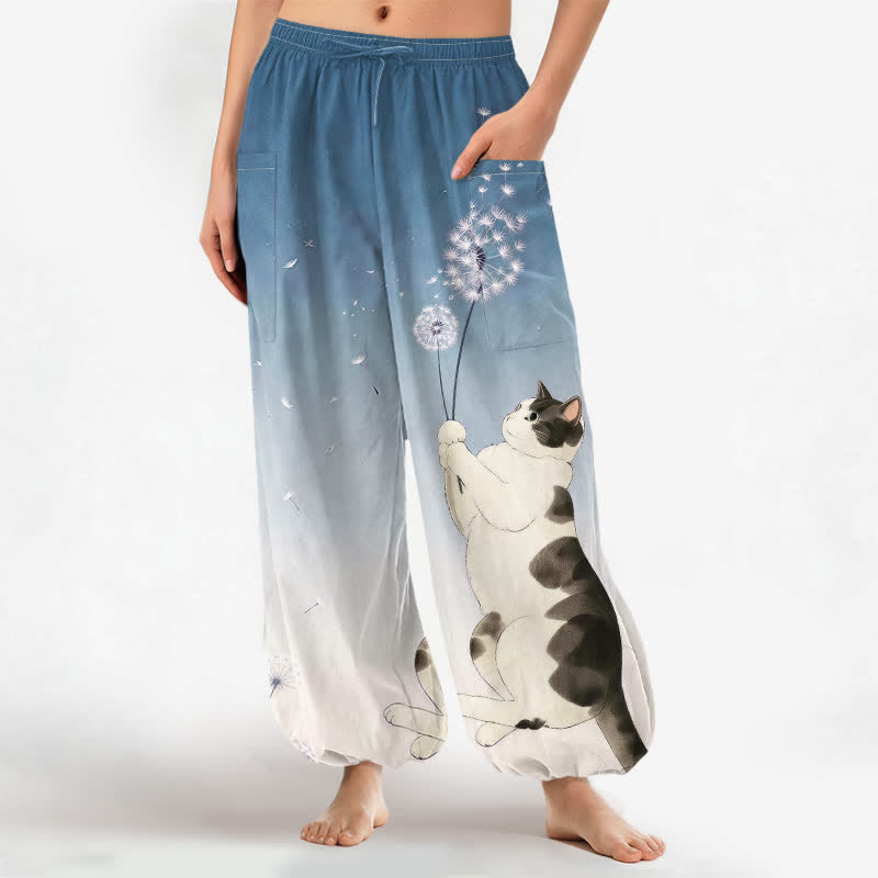Buddha Stones Katoenen harembroek voor dames met dromerig koeien-, katten- en paardenbloemmotief en elastische Taille , inclusief Zakken. - Staalblauw - US16, UK/AU20, EU48 (3XL) - image 0