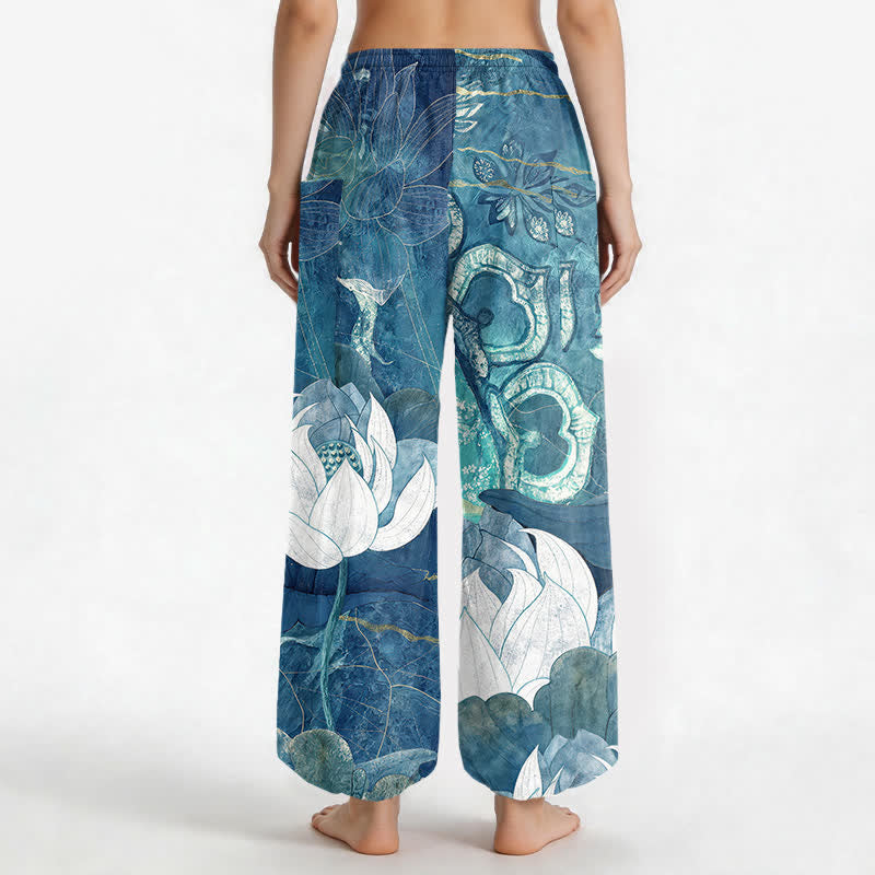 Buddha Stones Witte katoenen harembroek voor dames met lotusbladprint, elastische Taille en Zakken. - image 9