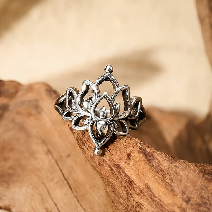 Buddha Stones Vintage zilverkleurige Lotus Purity statement Ring - image 1