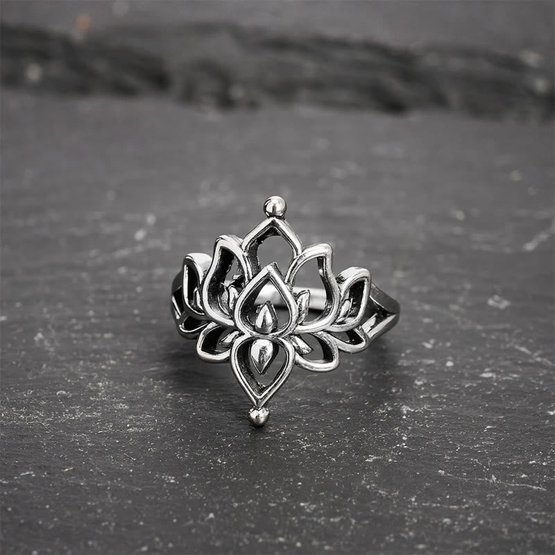 Buddha Stones Vintage zilverkleurige Lotus Purity statement Ring - 20,6 mm-US11 - image 0