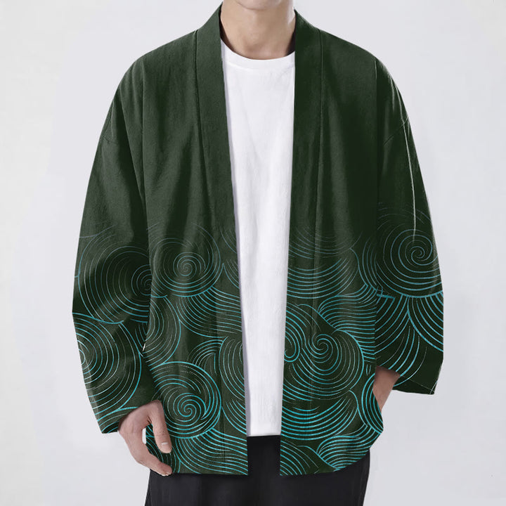 Buddha Stones Katoenen kimono met open voorkant en golvend cirkelpatroon - Donkergroen - US/UK/AU48, EU58 (4XL) - image 0
