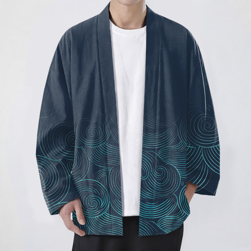 Buddha Stones Katoenen kimono met open voorkant en golvend cirkelpatroon - Marine - US/UK/AU48, EU58 (4XL) - image 6