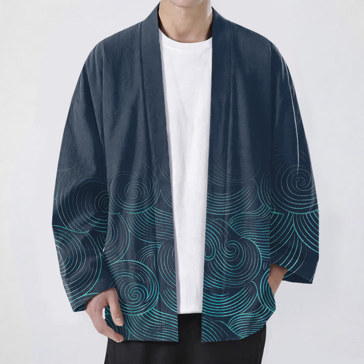 Buddha Stones Katoenen kimono met open voorkant en golvend cirkelpatroon - Marine - US/UK/AU48, EU58 (4XL) - image 6