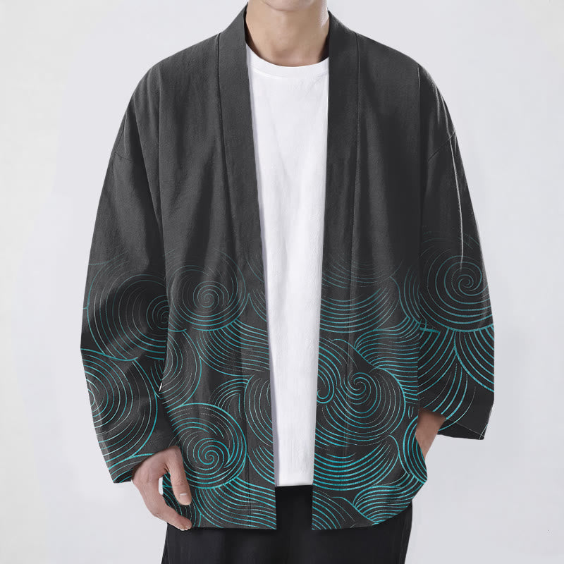 Buddha Stones Katoenen kimono met open voorkant en golvend cirkelpatroon - Zwart - US/UK/AU48, EU58 (4XL) - image 9