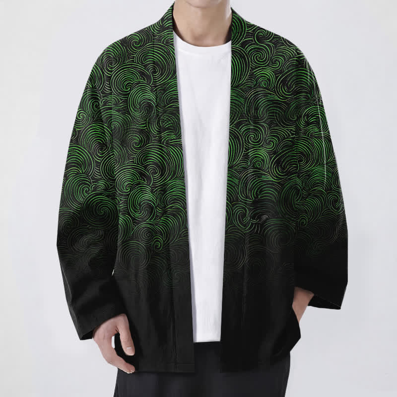 Buddha Stones Katoenen kimono met open voorkant en swirl-verlooppatroon - Donkergroen - US/UK/AU48, EU58 (4XL) - image 0