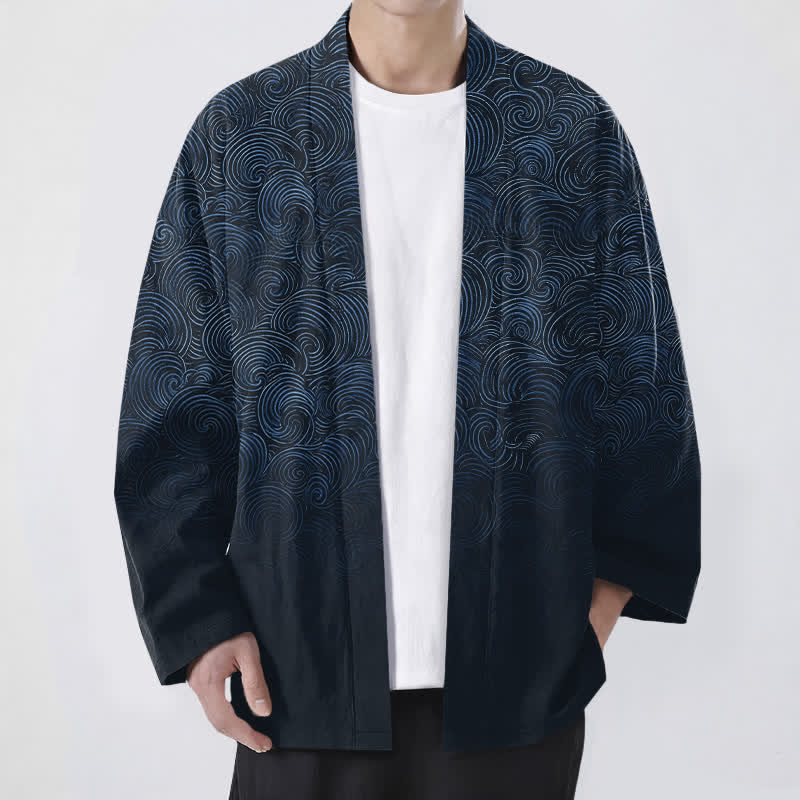 Buddha Stones Katoenen kimono met open voorkant en swirl-verlooppatroon - Marine - US/UK/AU48, EU58 (4XL) - image 9