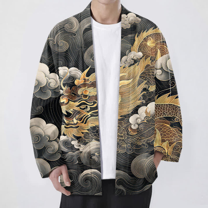 Buddha Stones Katoenen herenkimono met open voorkant en draken-, wolken- en zeemotief - Zwart - US/UK/AU48, EU58 (4XL) - image 0