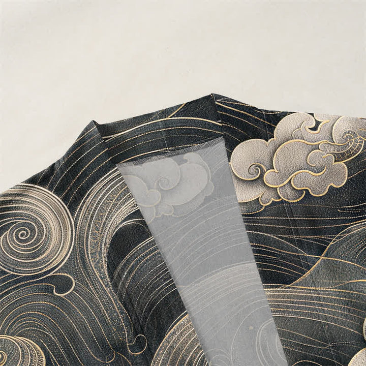 Buddha Stones Katoenen herenkimono met open voorkant en draken-, wolken- en zeemotief - image 3