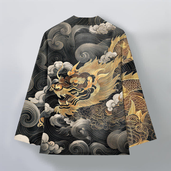 Buddha Stones Katoenen herenkimono met open voorkant en draken-, wolken- en zeemotief - image 2
