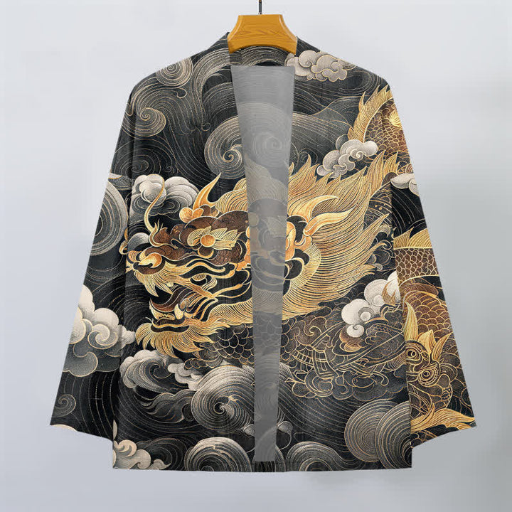 Buddha Stones Katoenen herenkimono met open voorkant en draken-, wolken- en zeemotief - image 1