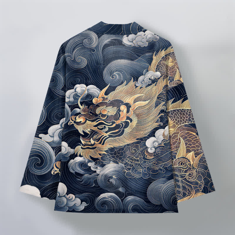 Buddha Stones Katoenen herenkimono met open voorkant en draken-, wolken- en zeemotief - image 8