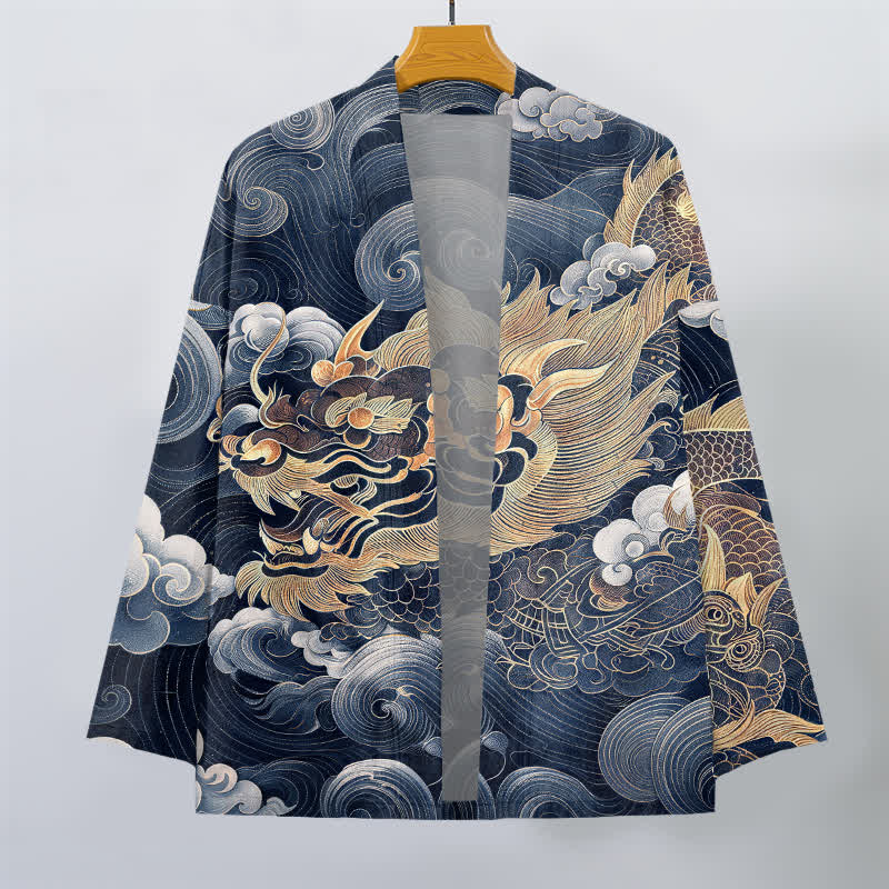 Buddha Stones Katoenen herenkimono met open voorkant en draken-, wolken- en zeemotief - image 7