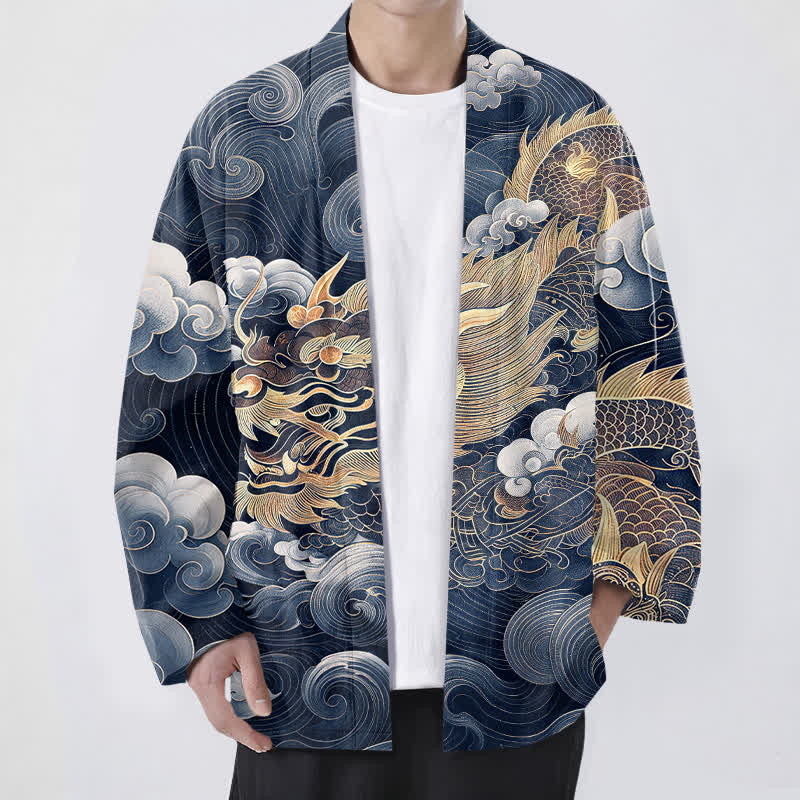 Buddha Stones Katoenen herenkimono met open voorkant en draken-, wolken- en zeemotief - Marine - US/UK/AU48, EU58 (4XL) - image 6