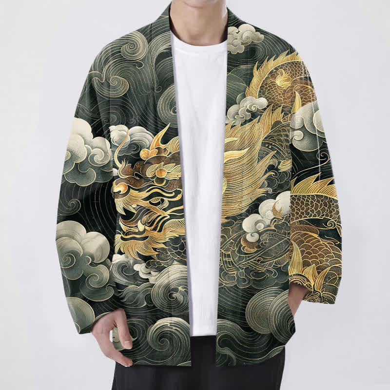 Buddha Stones Katoenen herenkimono met open voorkant en draken-, wolken- en zeemotief - Donkergroen - US/UK/AU48, EU58 (4XL) - image 9
