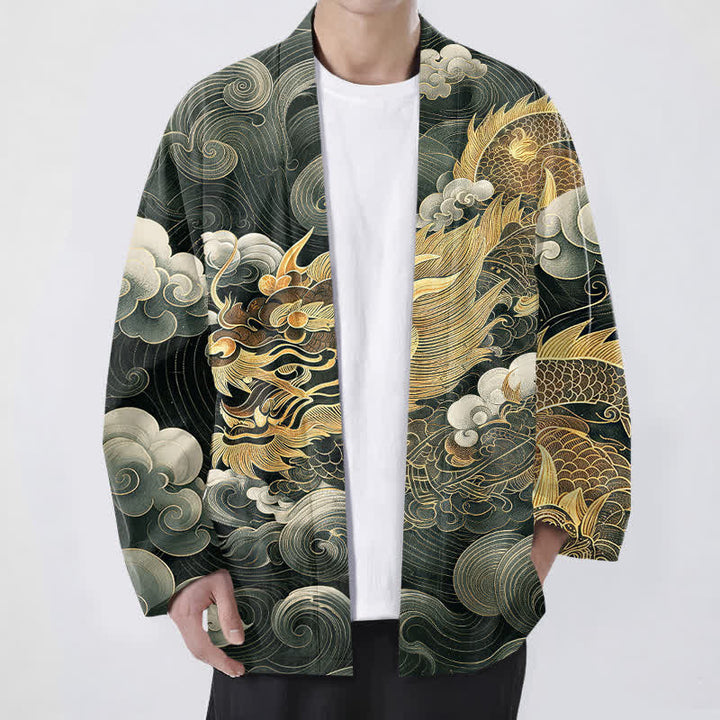 Buddha Stones Katoenen herenkimono met open voorkant en draken-, wolken- en zeemotief - Donkergroen - US/UK/AU48, EU58 (4XL) - image 9