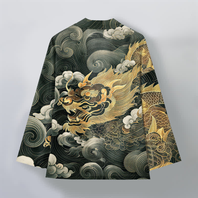 Buddha Stones Katoenen herenkimono met open voorkant en draken-, wolken- en zeemotief - image 11