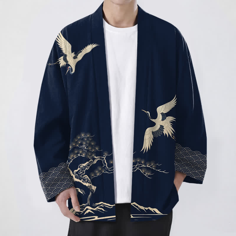 Buddha Stones Katoenkraan dennenlandschap patroon Open voorkant herenkimono - Marine - US/UK/AU48, EU58 (4XL) - image 6