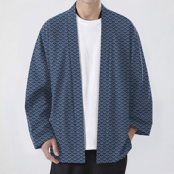 Buddha Stones Katoenen herenkimono met Japans oceaangolfpatroon en open voorkant - Marine - US/UK/AU48, EU58 (4XL) - image 0