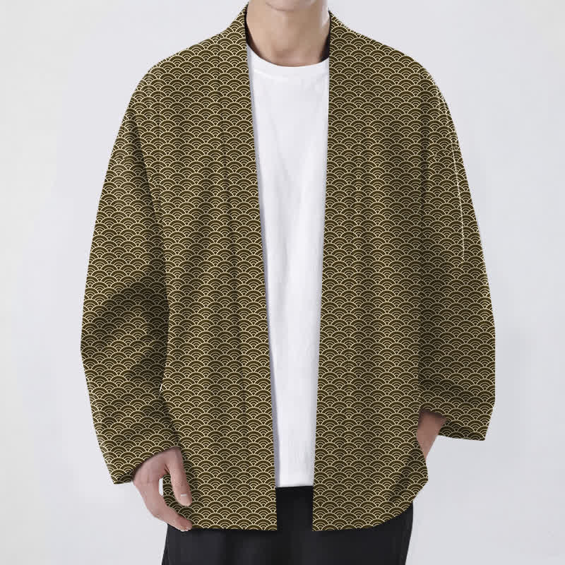 Buddha Stones Katoenen herenkimono met Japans oceaangolfpatroon en open voorkant - Donkergoudenroede - US/UK/AU48, EU58 (4XL) - image 6