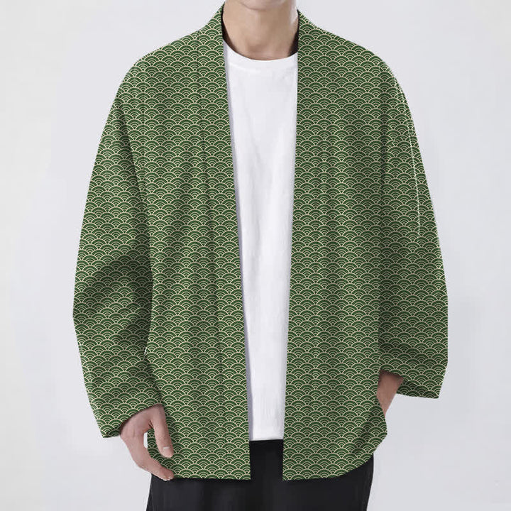 Buddha Stones Katoenen herenkimono met Japans oceaangolfpatroon en open voorkant - Olijfgroen - US/UK/AU48, EU58 (4XL) - image 9