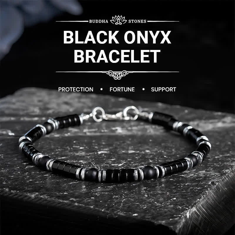 Buddha Stones Armband met cilindrische, matte zwarte onyx tussenkraaltjes - Zonder verlengketting (Polsomtrek: 16-18 cm) - image 0