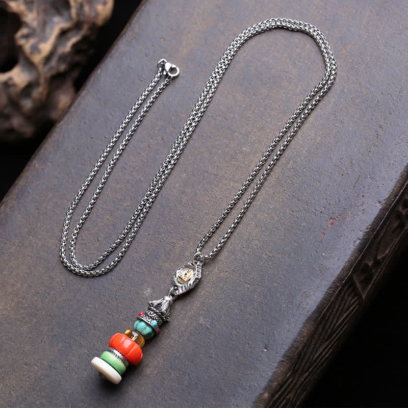 Buddha Stones Tibetaanse Mani-stenenhoop ontwerp, vormloze Boeddha, titanium stalen, veelkleurige kralen Ketting - Ongeveer 7–13 mm - image 0