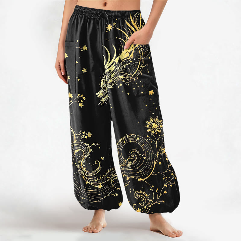 Buddha Stones Dames harembroek met elastische Taille en Zakken , met gouden drakenmotief en wervelend bloemenpatroon. - Zwart - US16, UK/AU20, EU48 (3XL) - image 0
