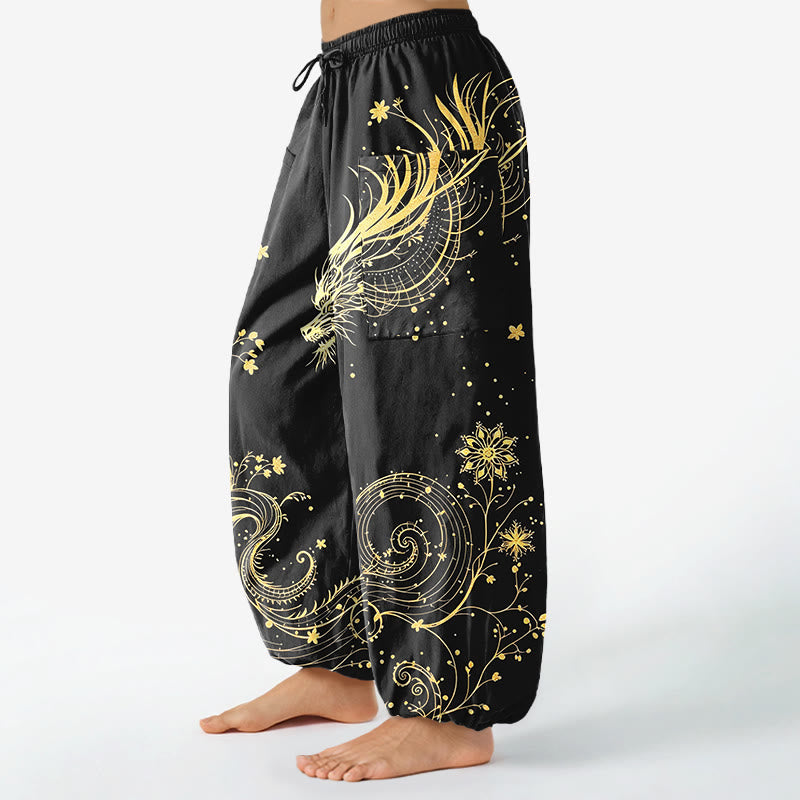Buddha Stones Dames harembroek met elastische Taille en Zakken , met gouden drakenmotief en wervelend bloemenpatroon. - image 1
