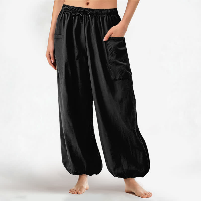 Buddha Stones Effen katoenen harembroek met minimalistisch patroon, elastische Taille en Zakken voor dames. - Zwart - US16, UK/AU20, EU48 (3XL) - image 0