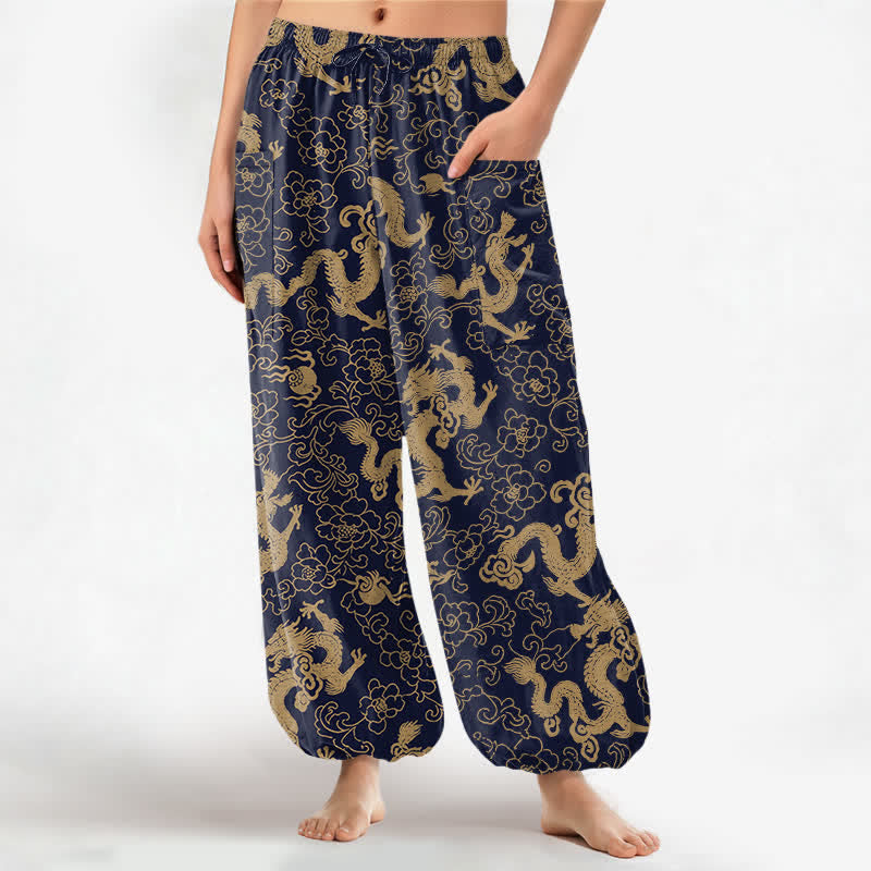 Buddha Stones Dames harembroek met elastische Taille en Zakken , gemaakt van katoen met een gouden drakenbloemenpatroon. - Marine - US16, UK/AU20, EU48 (3XL) - image 0