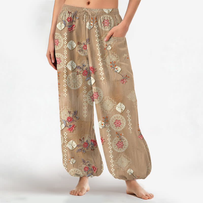 Buddha Stones Vintage katoenen harembroek met bloemen- en geometrisch patroon, elastische Taille en Zakken. - BurlyWood - US16, UK/AU20, EU48 (3XL) - image 0