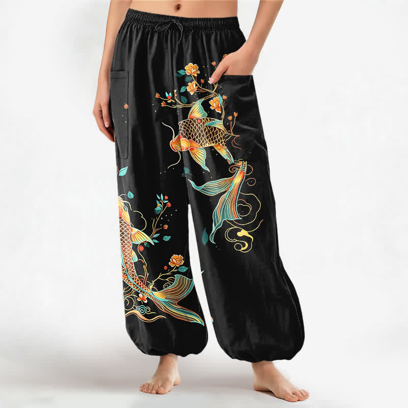 Buddha Stones Dames harembroek met elastische Taille en Zakken , met katoenen koi-bloemen en oosters patroon. - Zwart - US16, UK/AU20, EU48 (3XL) - image 0