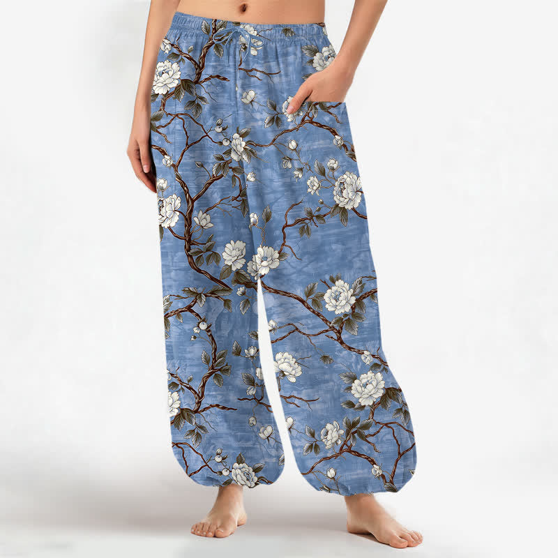 Buddha Stones Dames harembroek met elastische Taille en Zakken , katoenen print met botanische bloemen. - Staalblauw - US16, UK/AU20, EU48 (3XL) - image 0