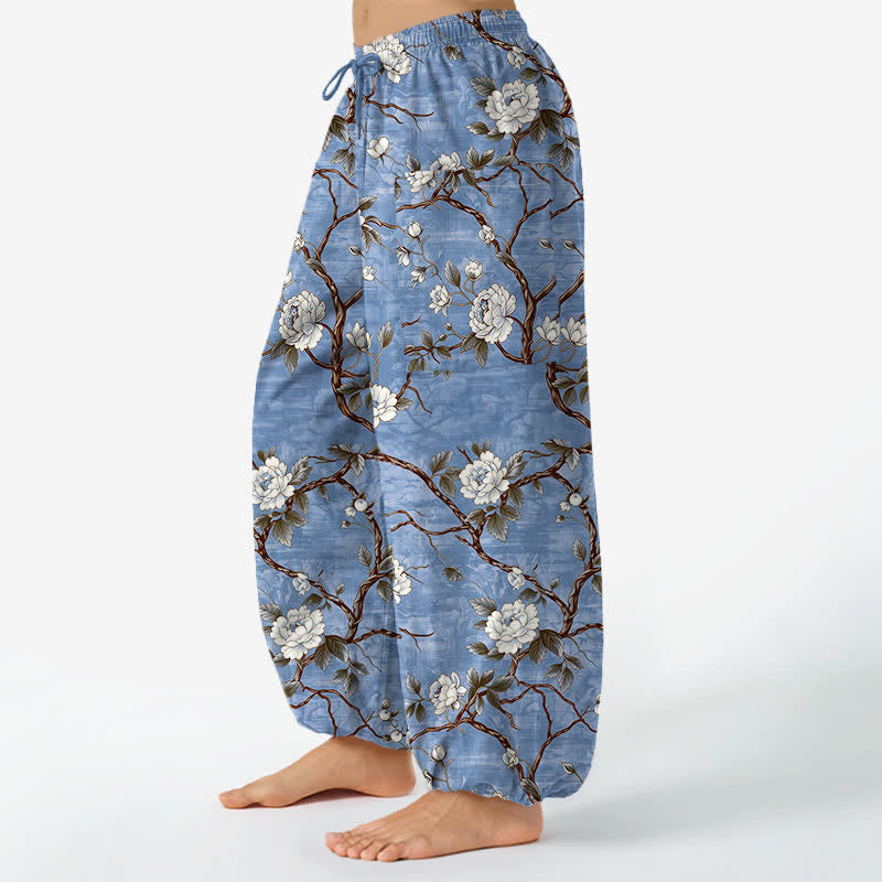 Buddha Stones Dames harembroek met elastische Taille en Zakken , katoenen print met botanische bloemen. - image 1