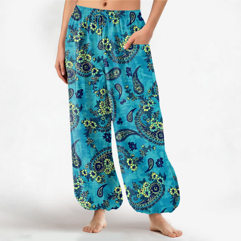 Buddha Stones Vintage katoenen harembroek met paisley- en bloemenpatroon, elastische Taille en Zakken . - Cyaan - US16, UK/AU20, EU48 (3XL) - image 0