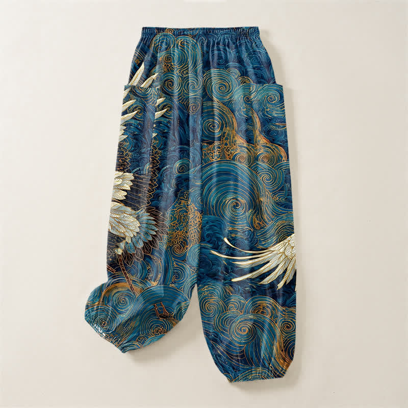 Buddha Stones Dames harembroek met elastische Taille en Zakken , met gouden kraanvogel-golfpatroon. - image 4