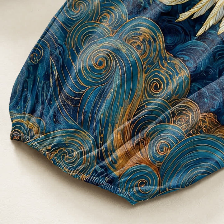 Buddha Stones Dames harembroek met elastische Taille en Zakken , met gouden kraanvogel-golfpatroon. - image 6