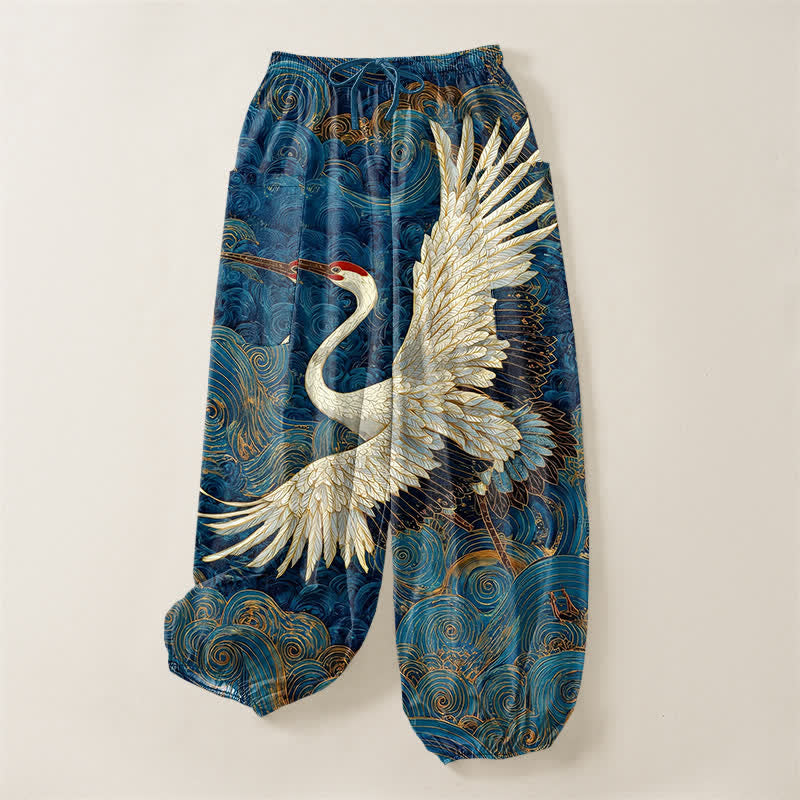 Buddha Stones Dames harembroek met elastische Taille en Zakken , met gouden kraanvogel-golfpatroon. - image 3