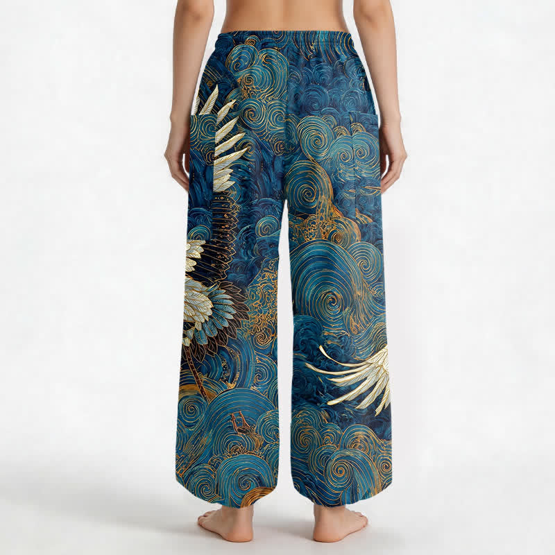 Buddha Stones Dames harembroek met elastische Taille en Zakken , met gouden kraanvogel-golfpatroon. - image 2