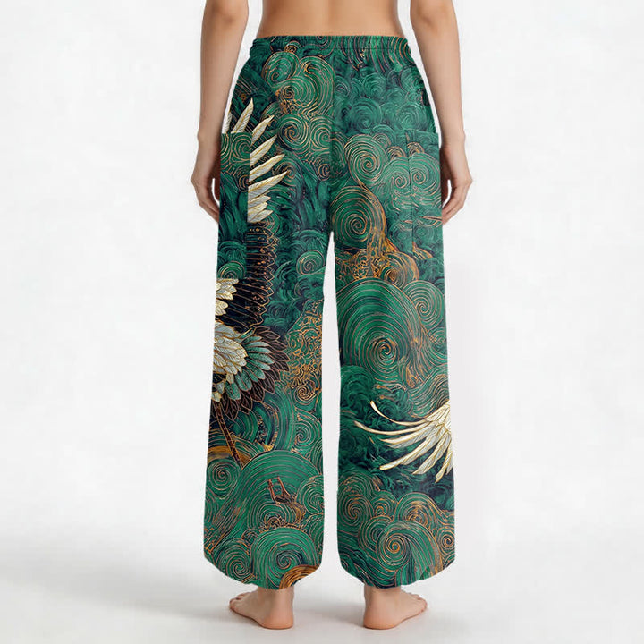 Buddha Stones Dames harembroek met elastische Taille en Zakken , met gouden kraanvogel-golfpatroon. - image 9