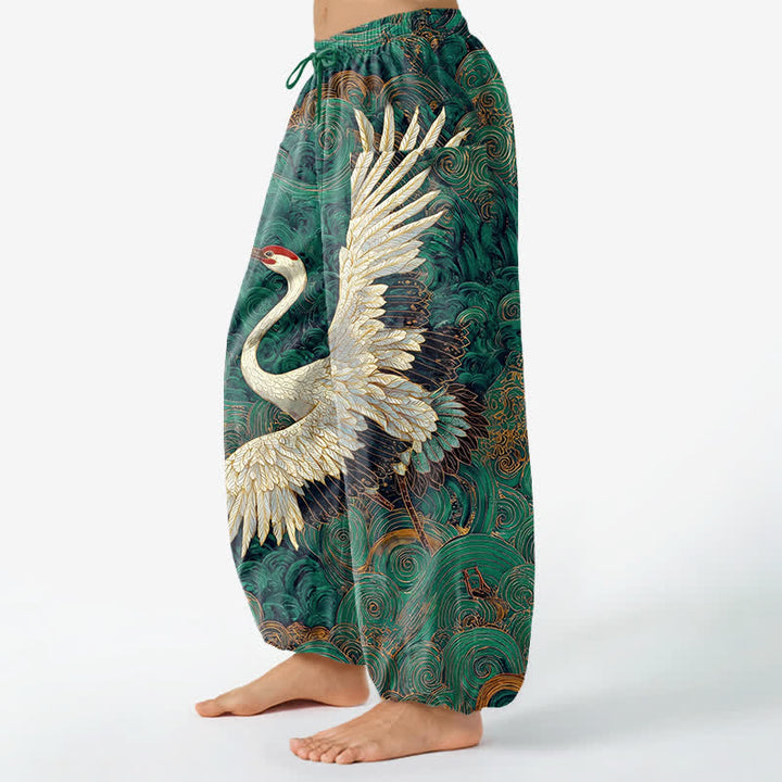 Buddha Stones Dames harembroek met elastische Taille en Zakken , met gouden kraanvogel-golfpatroon. - image 8