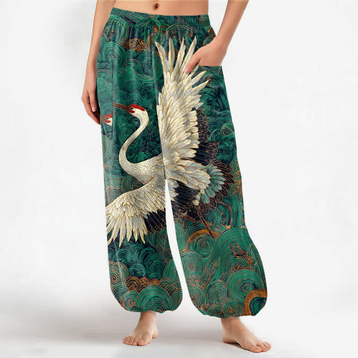 Buddha Stones Dames harembroek met elastische Taille en Zakken , met gouden kraanvogel-golfpatroon. - Zeegroen - US16, UK/AU20, EU48 (3XL) - image 7