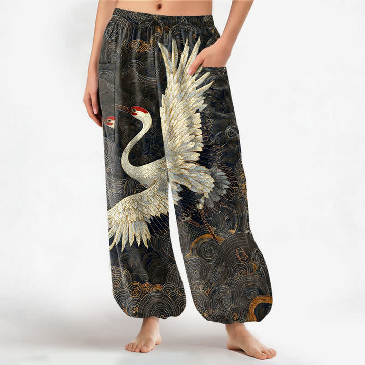 Buddha Stones Dames harembroek met elastische Taille en Zakken , met gouden kraanvogel-golfpatroon. - Zwart - US16, UK/AU20, EU48 (3XL) - image 10