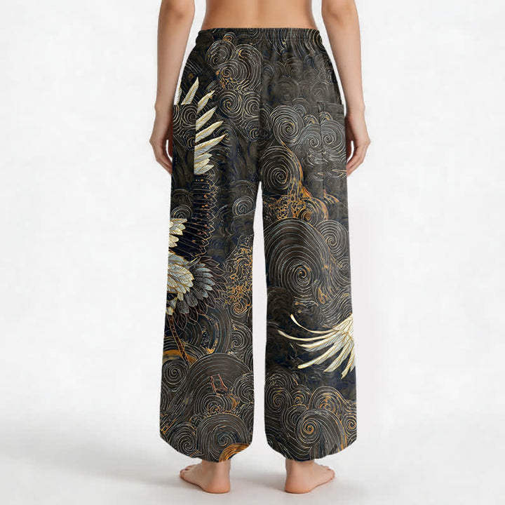 Buddha Stones Dames harembroek met elastische Taille en Zakken , met gouden kraanvogel-golfpatroon. - image 12