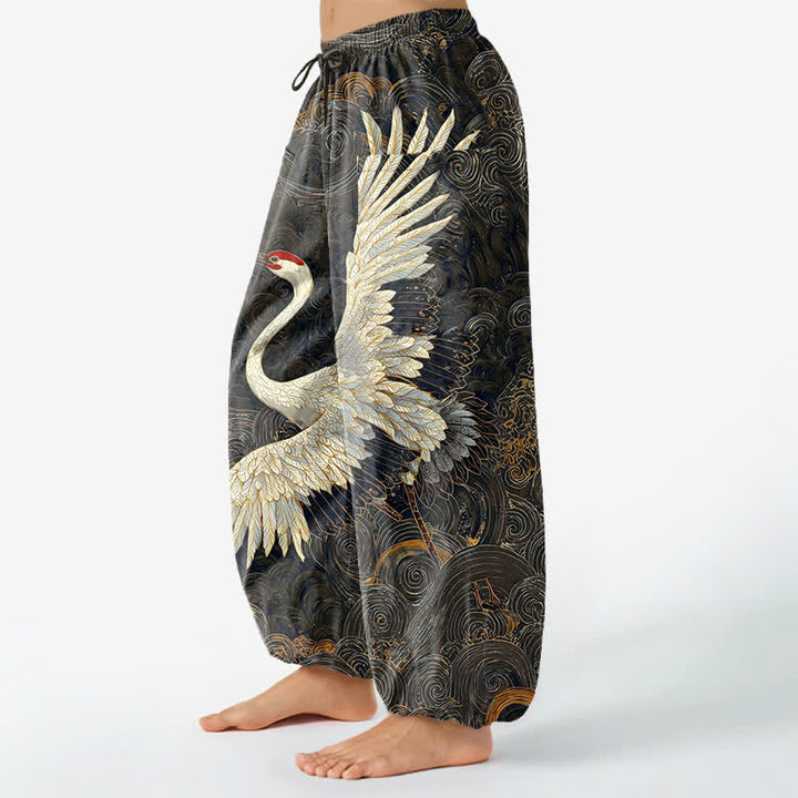 Buddha Stones Dames harembroek met elastische Taille en Zakken , met gouden kraanvogel-golfpatroon. - image 11