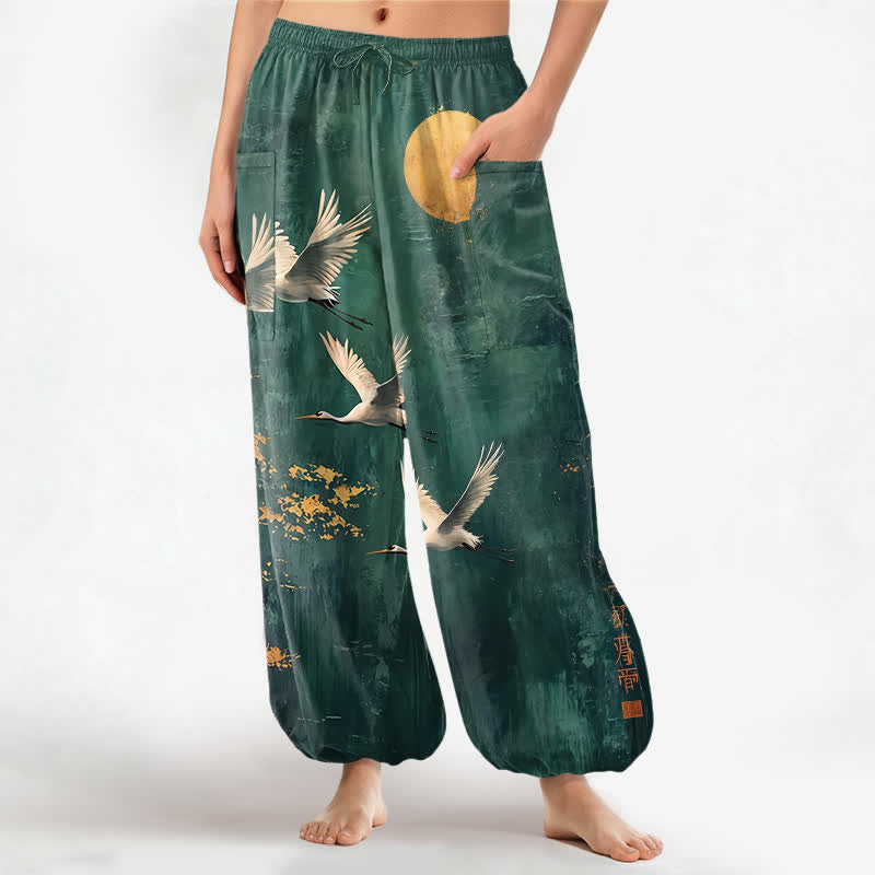 Buddha Stones Dames harembroek met elastische Taille en Zakken , met oosters kraanvogel- en maanpatroon van katoen. - Turkoois - US16, UK/AU20, EU48 (3XL) - image 0