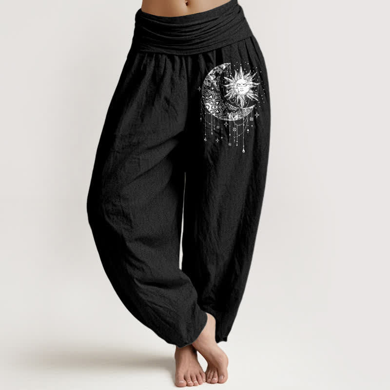 Buddha Stones 100% Cotton voor dames met elastische Taille en hemels patroon van zon en maan - Zwart - US16, UK/AU20, EU48 (3XL) - image 0