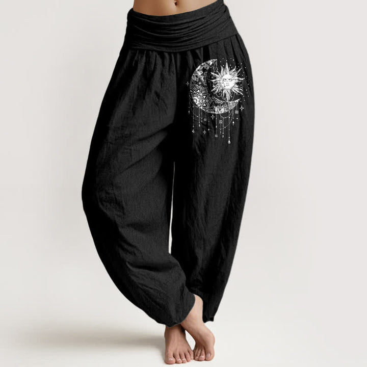 Buddha Stones 100% Cotton voor dames met elastische Taille en hemels patroon van zon en maan - Zwart - US16, UK/AU20, EU48 (3XL) - image 0