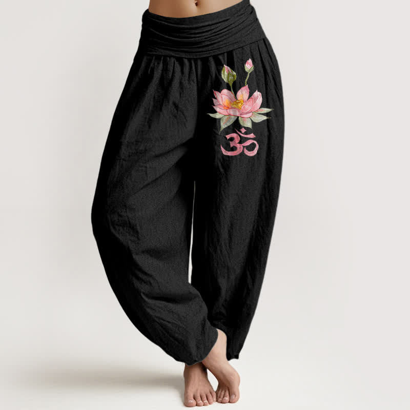 Buddha Stones Harembroek voor dames met elastische Taille en roze lotus-Om-patroon van 100% Cotton - Zwart - US16, UK/AU20, EU48 (3XL) - image 0