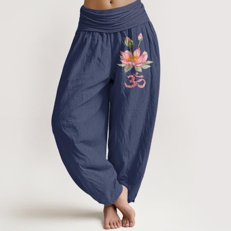 Buddha Stones Harembroek voor dames met elastische Taille en roze lotus-Om-patroon van 100% Cotton - Donker leisteenblauw - US16, UK/AU20, EU48 (3XL) - image 5